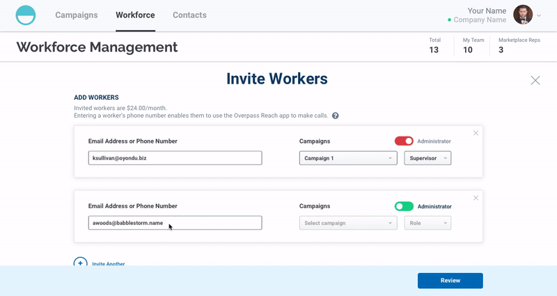 A GIF of the flow through the Invite User screens in Workforce